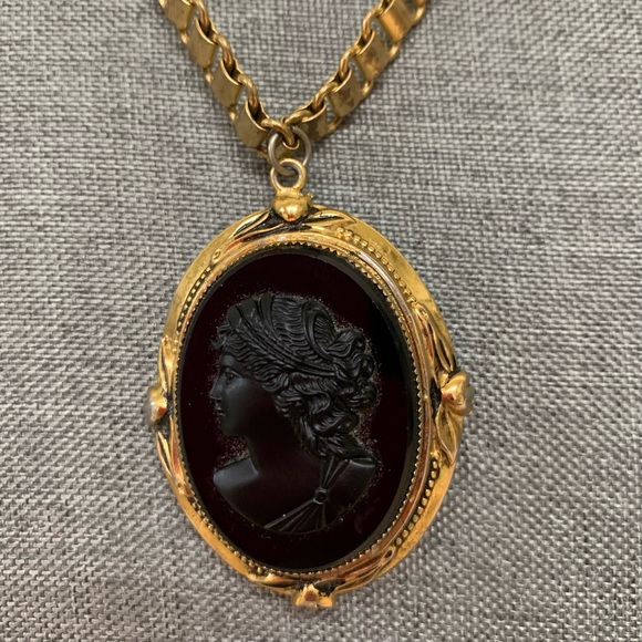 Vintage Victorian Revival Large Jet Black Cameo Locket on a Gold Tone Book Chain - Picture 1 of 8